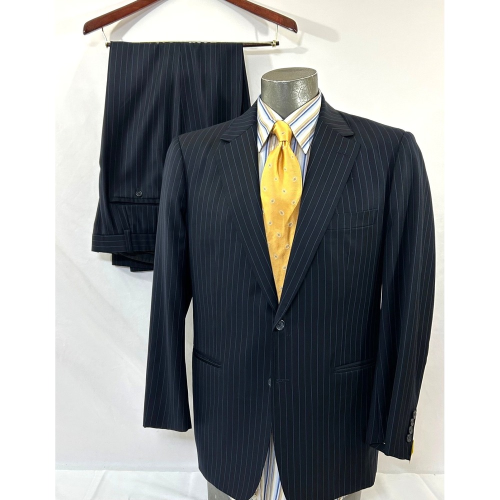 Nick Lopez Navy Blue Wool Pinstripe Pleated 2-Bt Suit Size 44R - Picture 2 of 16